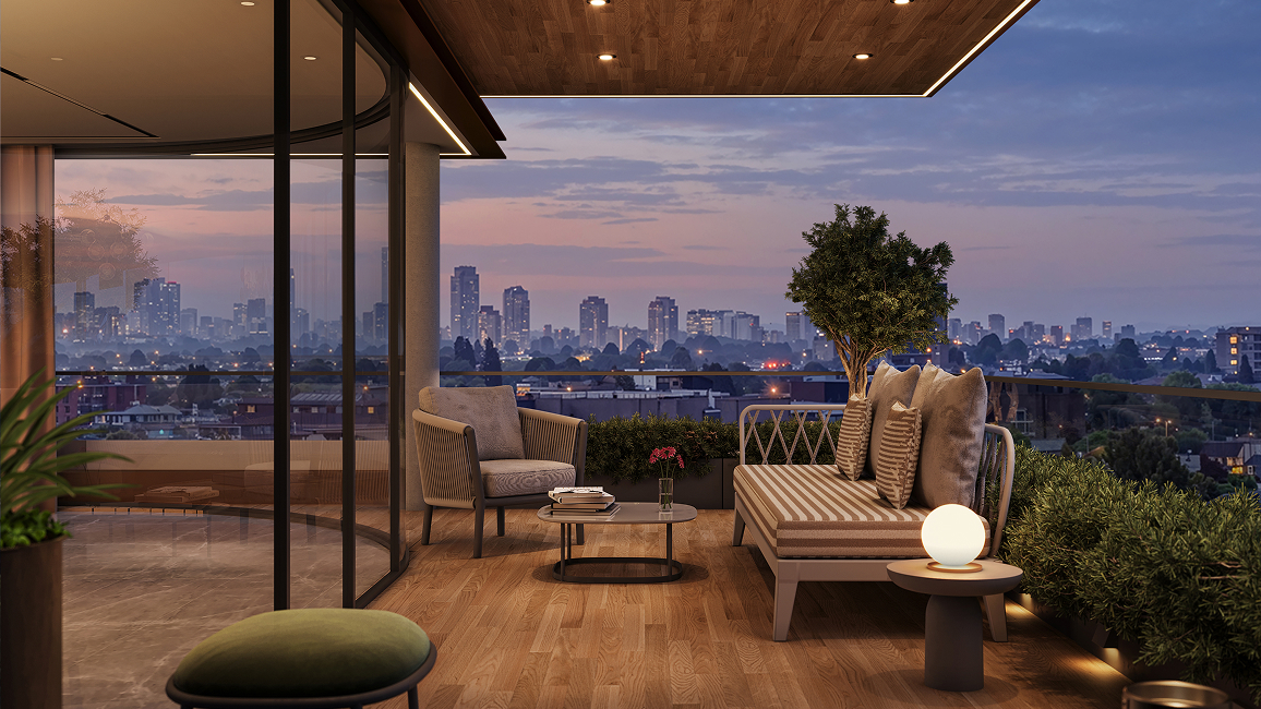 Elegant dining area with panoramic city skyline views